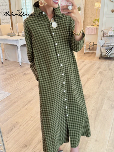 Women's Cotton Plaid Loose Slit Dress