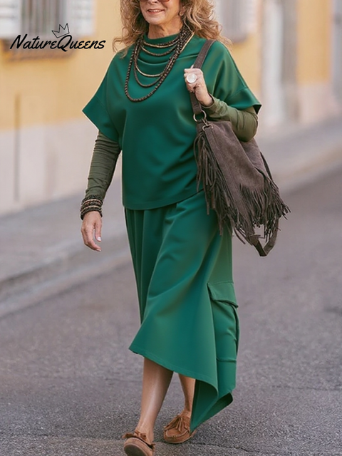 Women's Loose Turtleneck Top Irregular Skirt Cotton Suit
