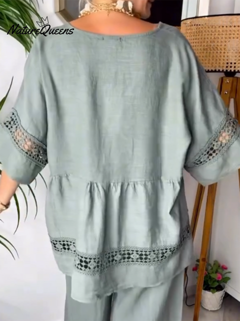 Women's Lace-paneled Top and Pants Linen Two-piece Suit
