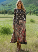 Women's Vintage Cashew Flower Art Print Long-sleeved Dress