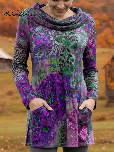 Women's Boho Boat-Shaped Collar Floral Print Stretch Top