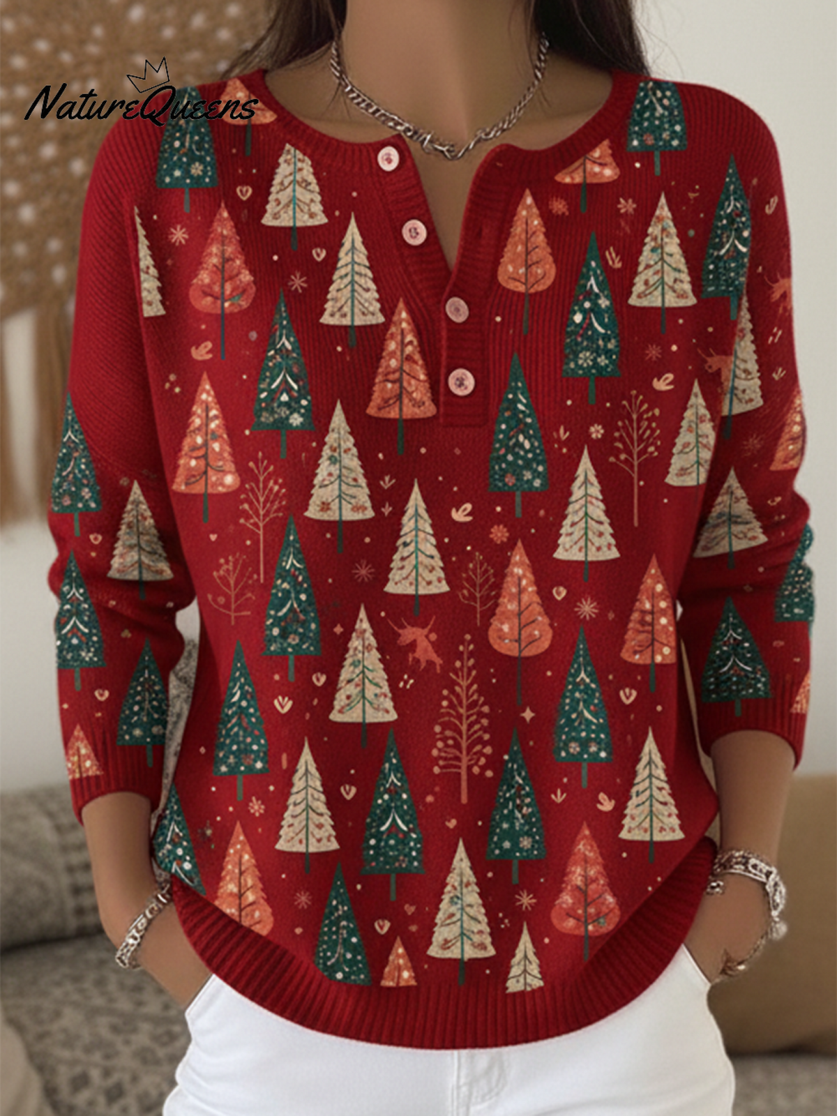 Women's Artistic Cedar Print Henley Neck Sweater Top