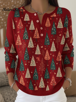 Women's Artistic Cedar Print Henley Neck Sweater Top