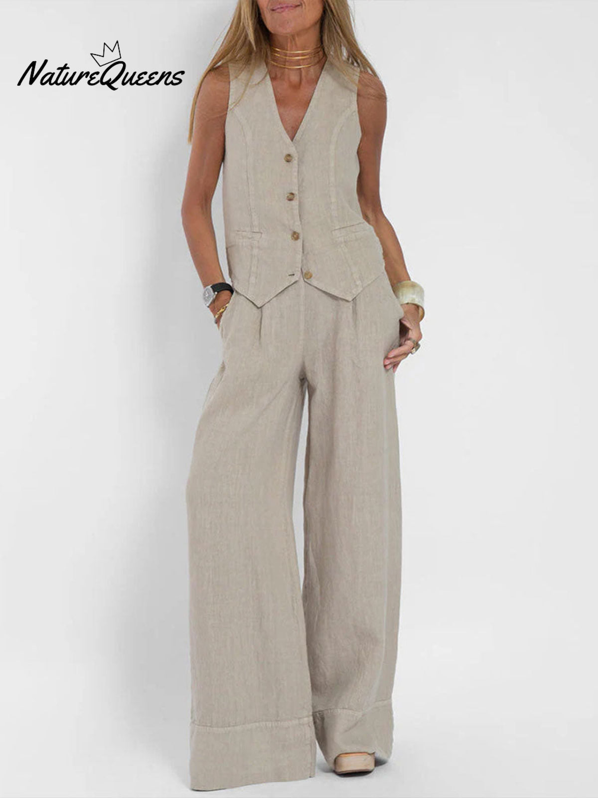 Women's Fashion Solid Color Vest Trousers Collage Stitching Cotton and Linen Casual Suit