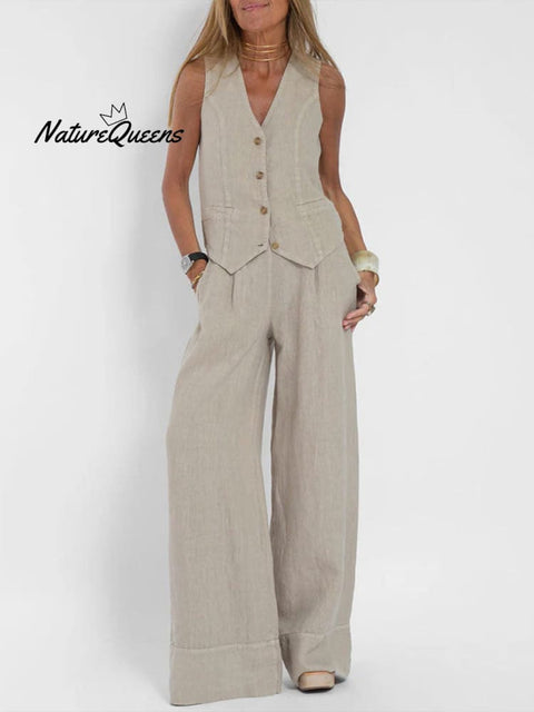 Women's Fashion Solid Color Vest Trousers Collage Stitching Cotton and Linen Casual Suit