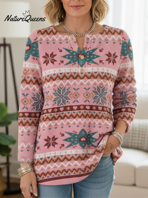 Women's Pink Snowflake Hexagonal Star Polar Fleece Top