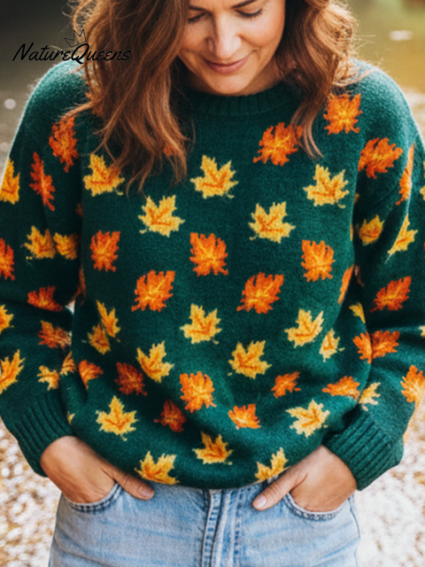 Colorful Maple Leaf Crew Neck Loose Sweater