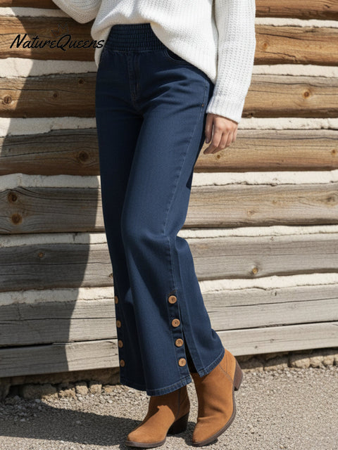 Women's Casual Denim Tummy-control Button-decorated Pants