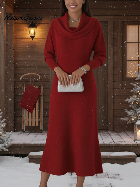 Women's Elegant Draped Collar Knitted Fishtail Midi Dress