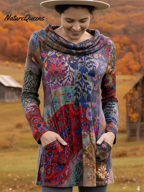 Women's Boho Boat-Shaped Collar Floral Print Stretch Top