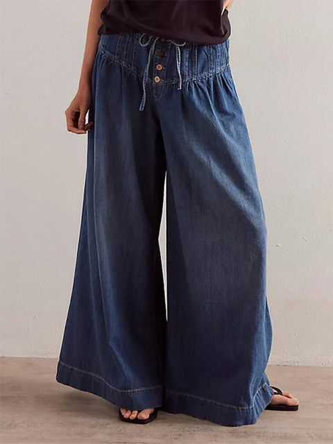 Pleated Lace-up Loose Wide-leg Jeans