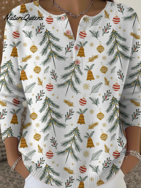 Women's Retro Christmas Bell and Leaf Print Button Sweater
