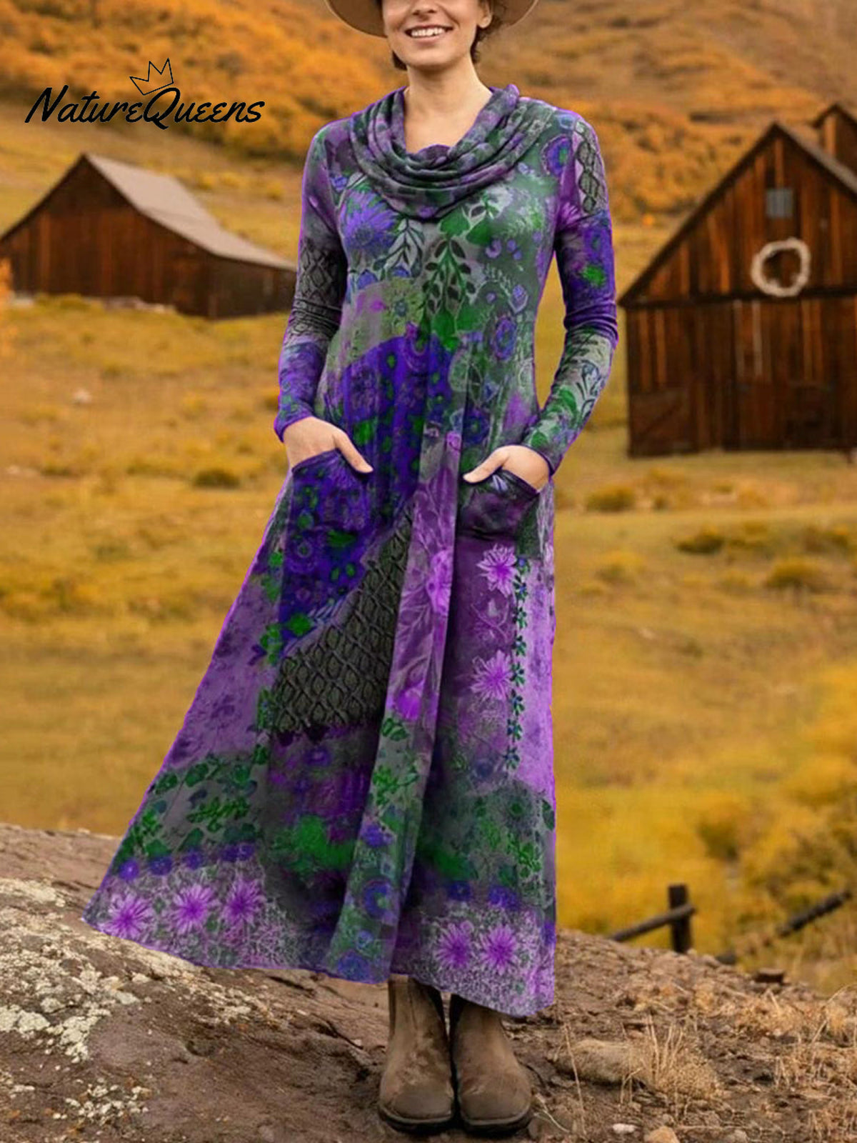 Women's Boho Boat-Shaped Collar Floral Print Stretch Dress