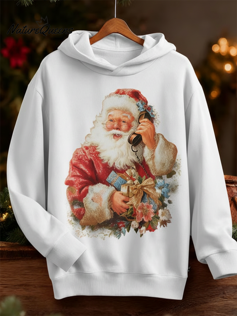 Cute Santa Claus Calling You Printed Cotton Hoodie