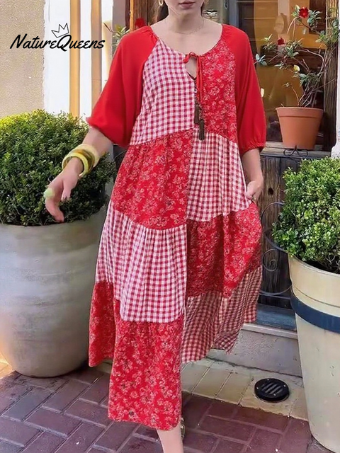 Women's Floral Print Plaid Patchwork Cotton Dress