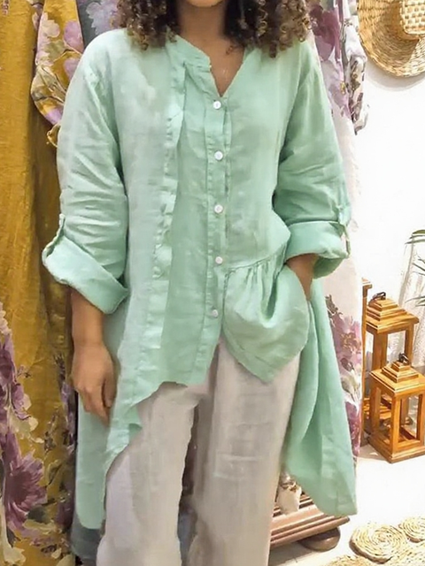 Irregular Hem Cotton and Linen Long-sleeved Top