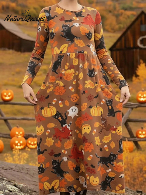 Cute Cat-loving Leaf Pumpkin Print Knitted Dress