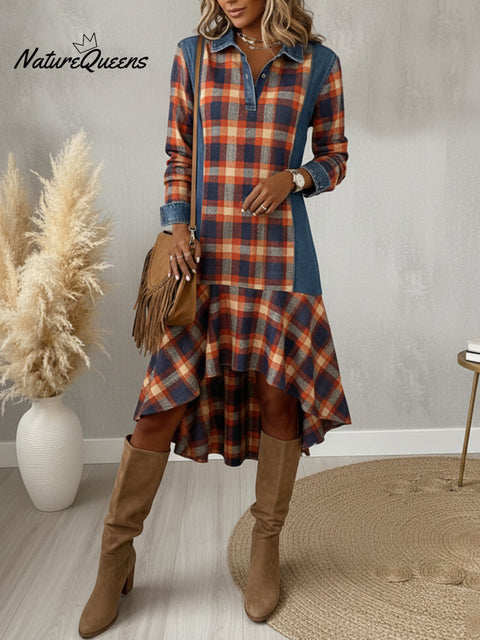 Denim Patchwork Plaid Print Ruffle Hem Midi Dress