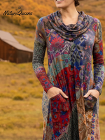 Women's Boho Boat-Shaped Collar Floral Print Stretch Dress