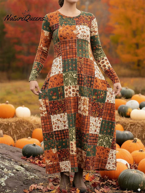 Women's Pumpkin Jigsaw Print Stretch Dress