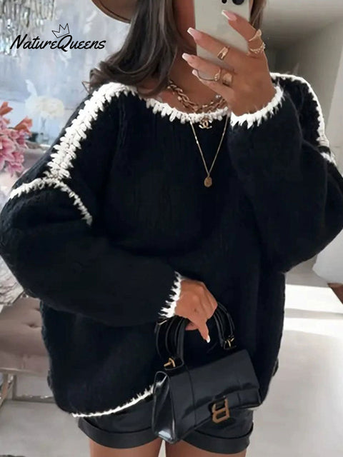 Women's Contrast Color Casual Crew Neck Sweater