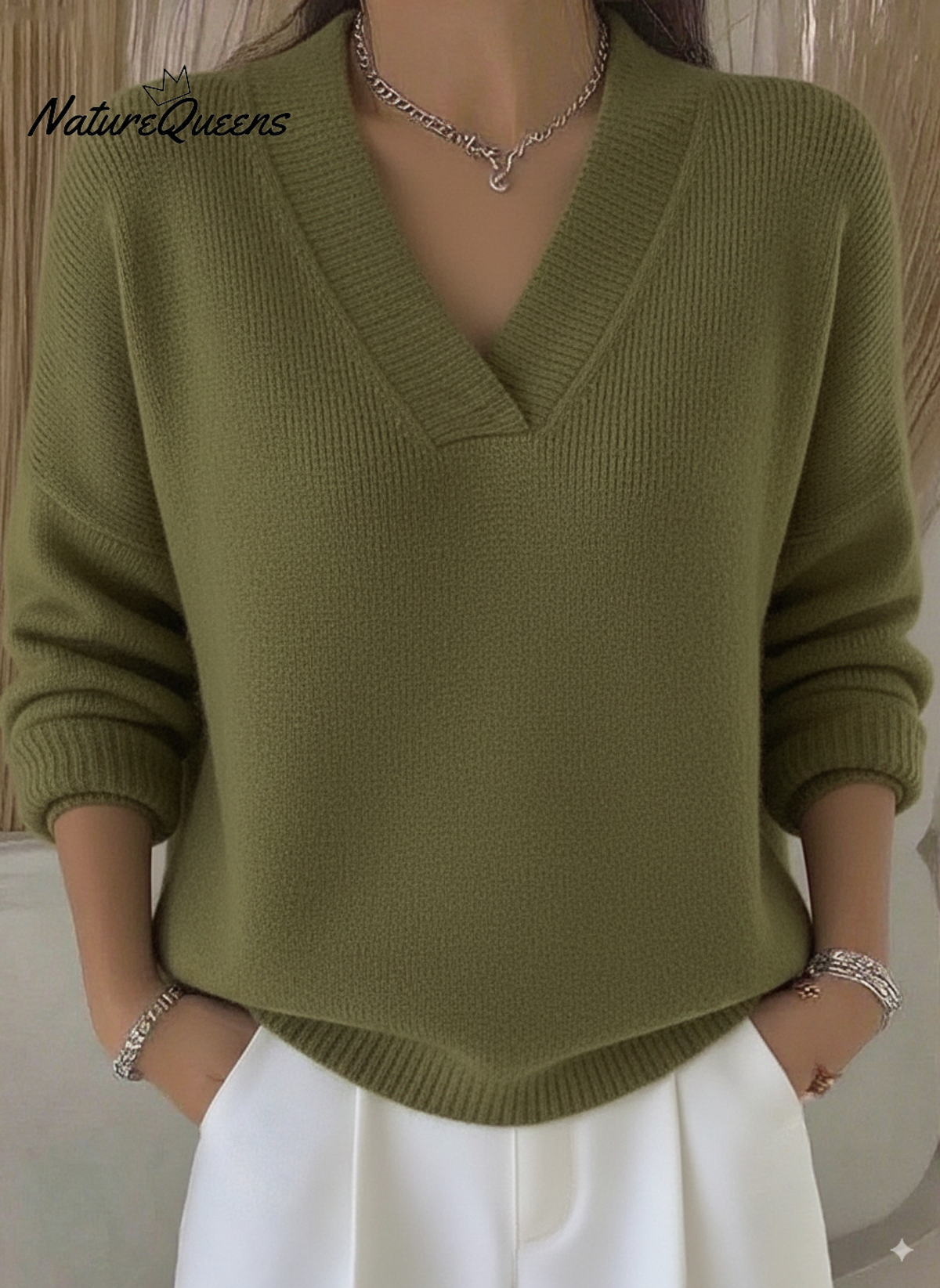 Women's Casual Solid Color V-neck Sweater Top