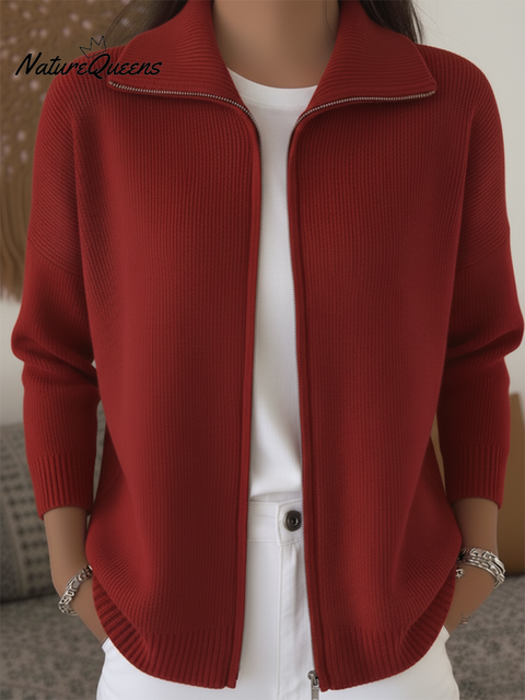 Women's Casual Solid Color POLO Zipper Cardigan Sweater