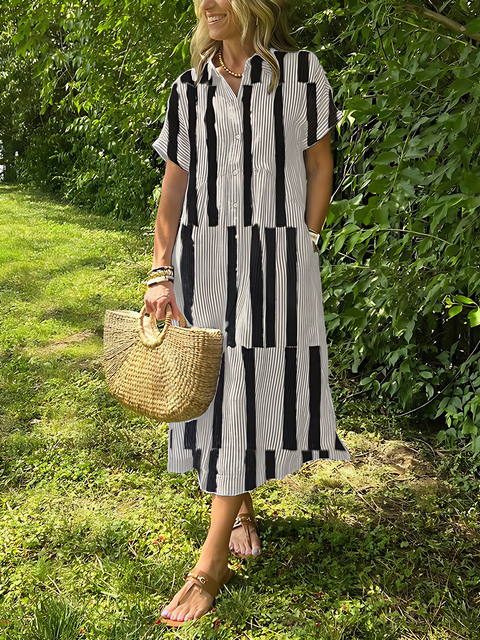Striped Lapel Button Up Dress