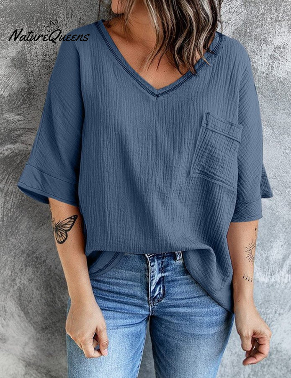Women's V-neck Pocket Split Middle Sleeve Top Shirt