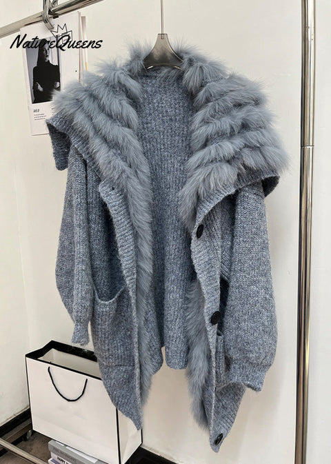 Art Blue Button Pockets Cozy Patchwork Knit Coats