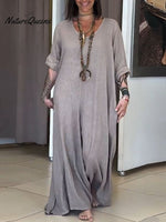 Women's Casual Solid Color V-Neck Mid-Sleeve Cotton and Linen Jumpsuit