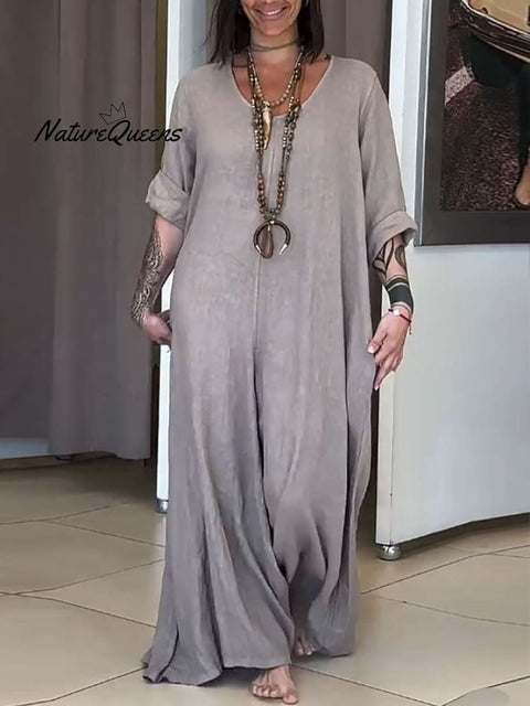 Women's Casual Solid Color V-Neck Mid-Sleeve Cotton and Linen Jumpsuit