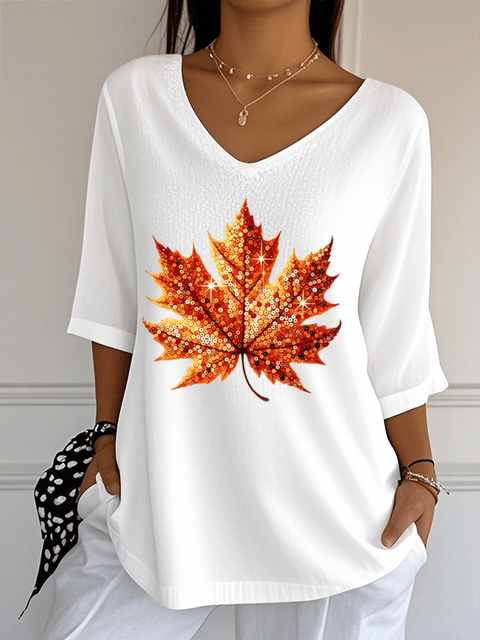 Women's Sequined Maple Leaf Pumpkin Printed Jacquard Fabric Casual V-Neck Top
