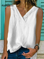 Women’s V - Neck Hem Split Sleeveless Shirt White / S