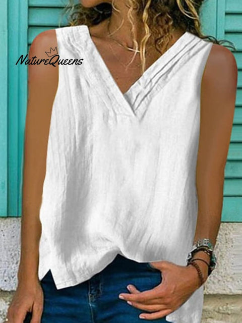 Women’s V - Neck Hem Split Sleeveless Shirt White / S