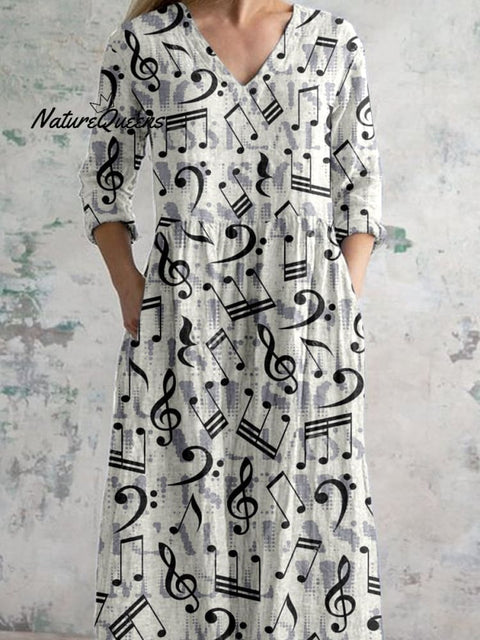 Women's Elegant Art Note Pattern Cotton and Linen Dress with Pockets