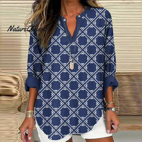 Greek Key Print V-neck Long Sleeved Loose Blouse