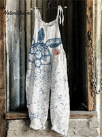 Sea Turtle Japanese Lino Art Linen Blend Jumpsuit