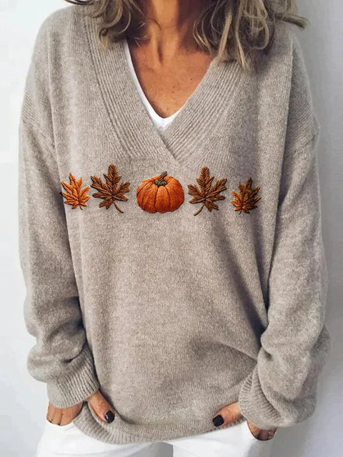 Women's Pumpkin Maple Leaf Print Sweater