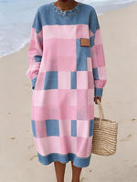 Women'S Casual Color-Block Denim Patchwork Printed Dress