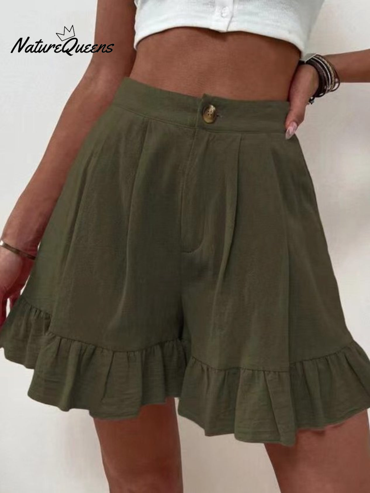 Women Summer Cotton Casual Plain Natural Ruffled Shorts