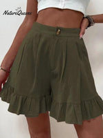 Women Summer Cotton Casual Plain Natural Ruffled Shorts