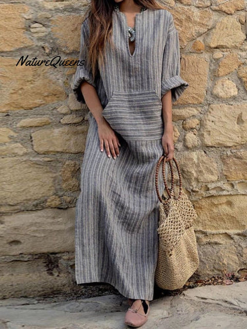 Ladies Cotton And Linen Yarn - Dyed Striped Loose Dress Dark Grey / S