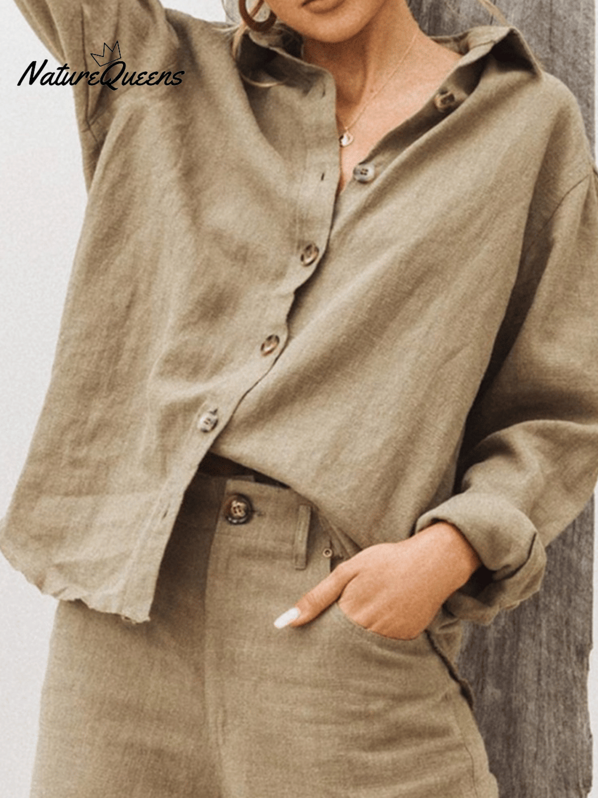 Women’s Cotton Linen Casual Shirt Khaki / S