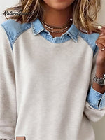Women'S Casual Lapel Denim Stitching Pullover Sweatshirt
