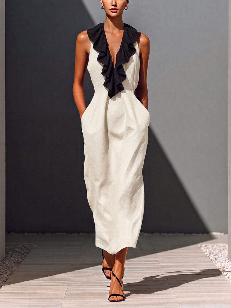 Women's Ruffled V-neck Sleeveless Casual Loose Cotton-linen Dress