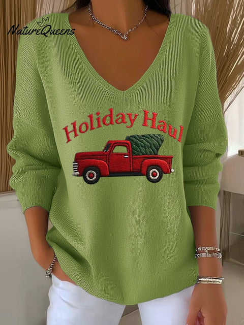 Women's Retro Red Truck Christmas Print Knit Top