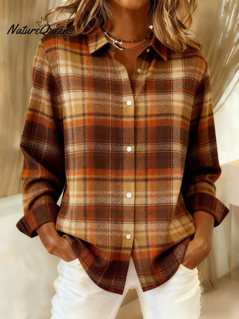 Women's Autumn Casual Plaid Print Lapel Long Sleeve Shirt