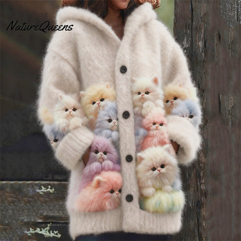 Lovely Fuzzy Colorful Cats Cozy Hooded Cardigan