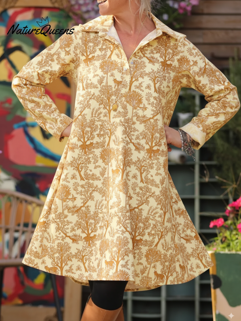 Forest Fairy Tale Autumn Tree Print Lapel A-Line Dress